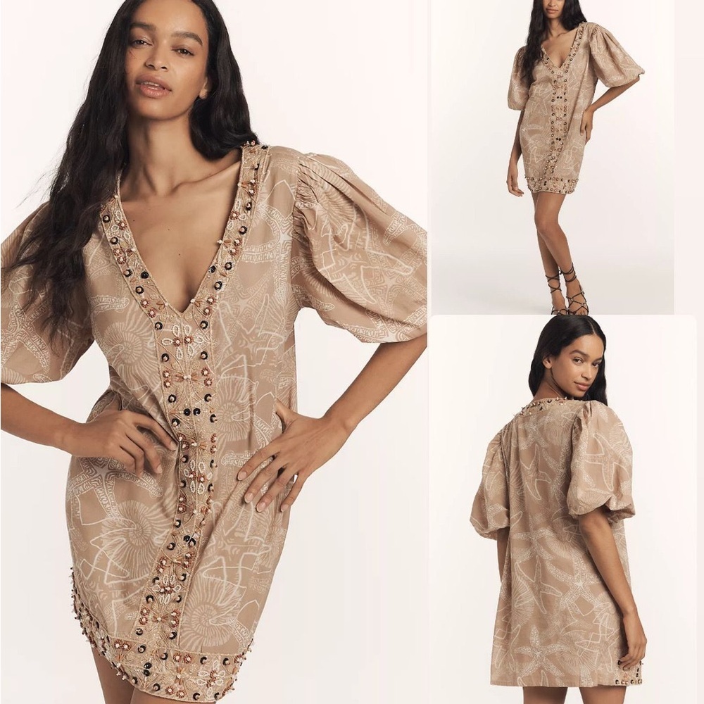 Anthropologie Olliari Beaded Puff-Sleeve Mini Dress